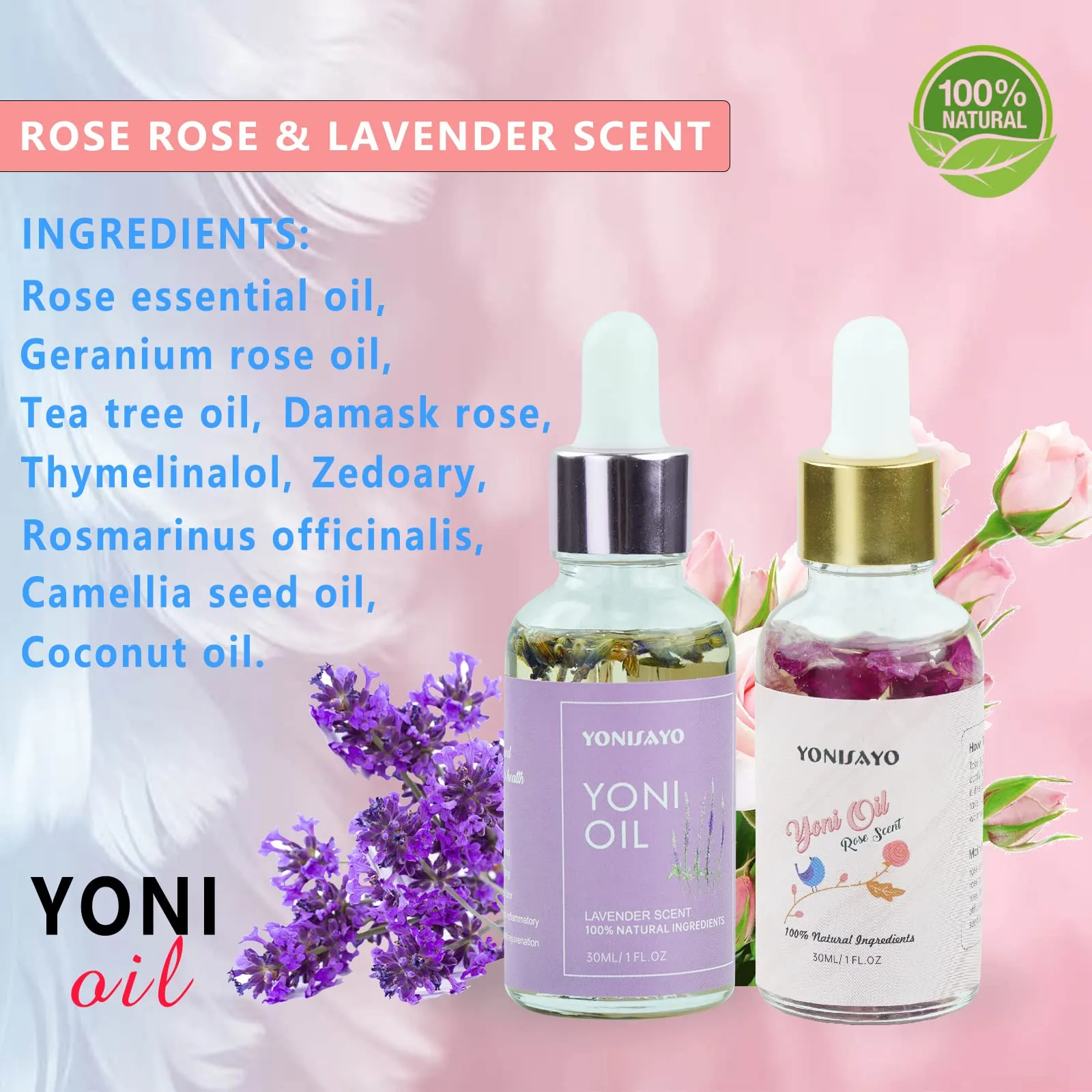 2 Packs Yoni Essential Oil for Women, All Natural Feminine Intimate Deodorant Remove Odor, Ph Balanced, 100% Vaginal Serum Made with Rose Lavender Oils (1 fl oz/30 ml)