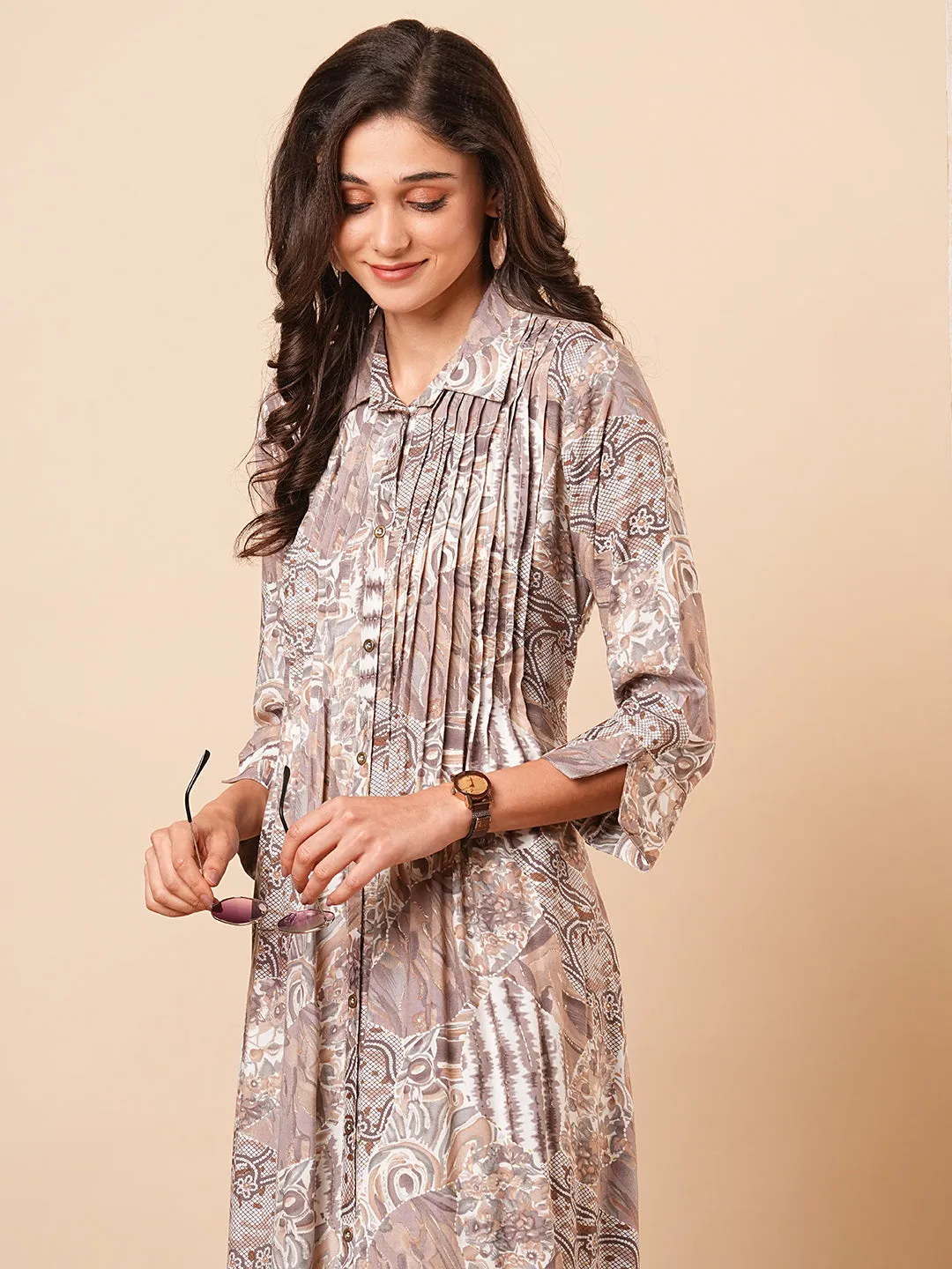 Abstract Floral Foil Printed A-Line Pleated Kurta - Taupe