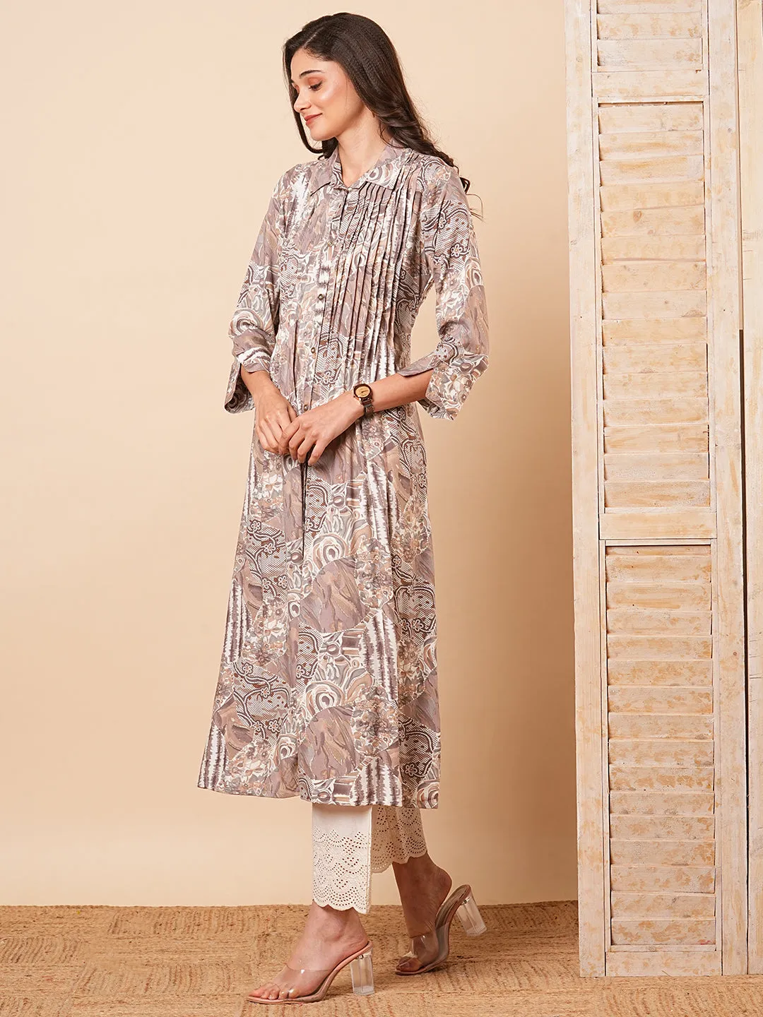 Abstract Floral Foil Printed A-Line Pleated Kurta - Taupe