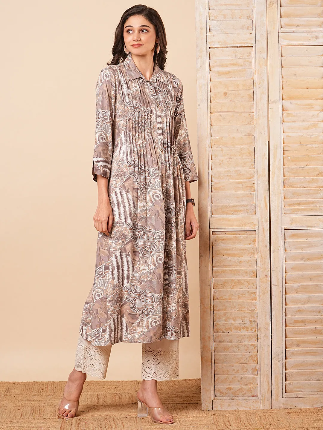 Abstract Floral Foil Printed A-Line Pleated Kurta - Taupe