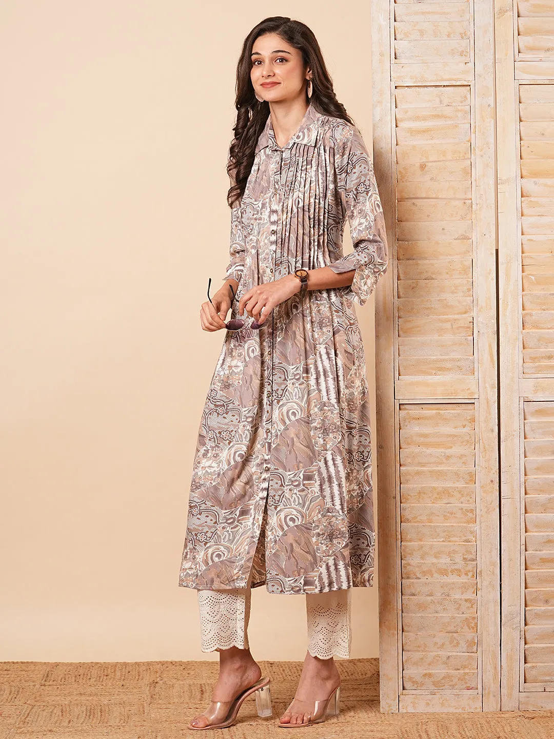 Abstract Floral Foil Printed A-Line Pleated Kurta - Taupe