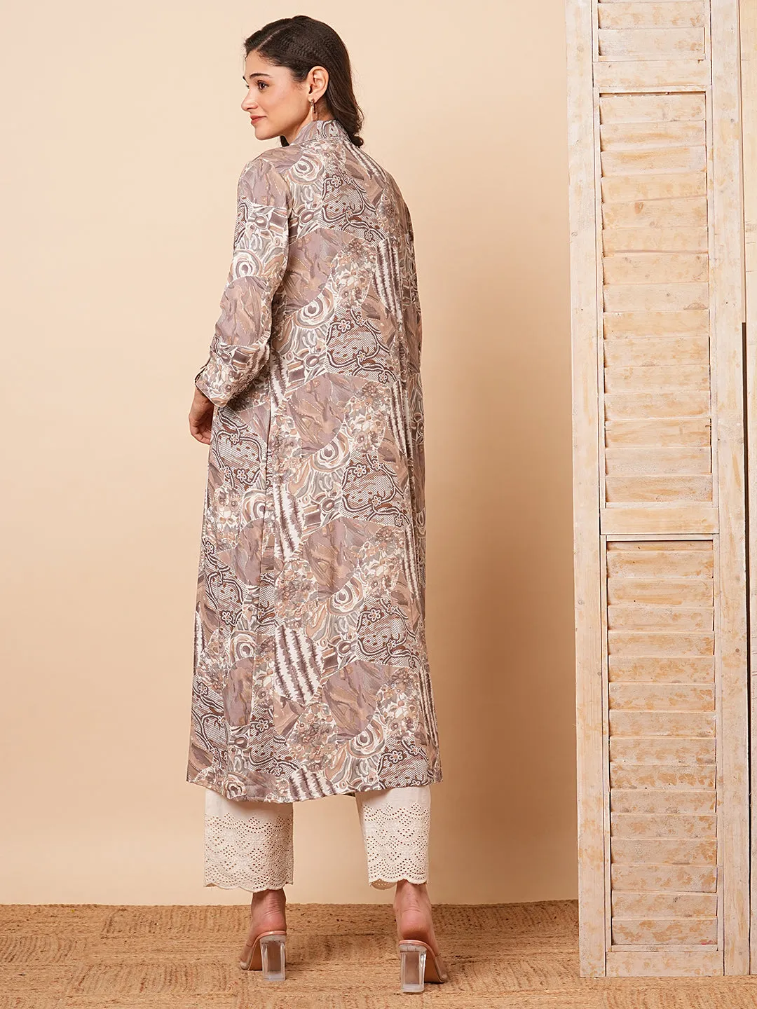 Abstract Floral Foil Printed A-Line Pleated Kurta - Taupe