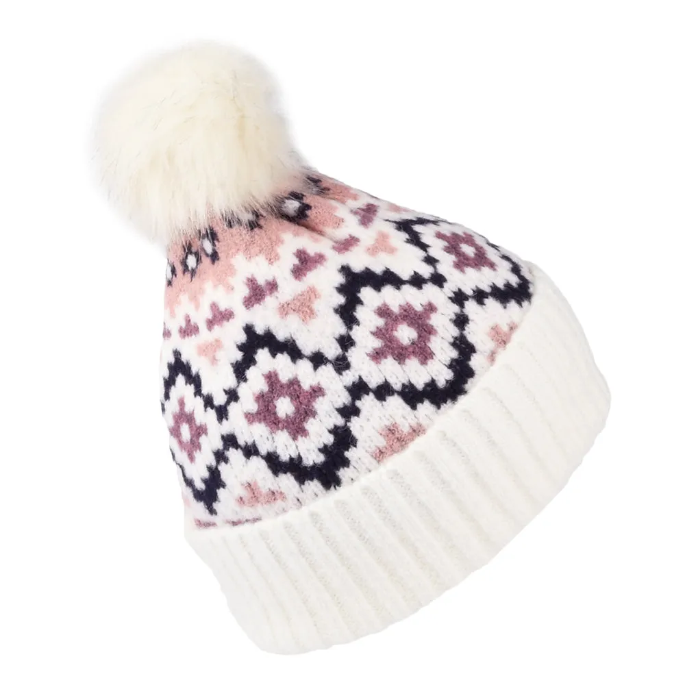 Barbour Hats Claudia Fair Isle Faux Fur Pom Bobble Hat - Off White-Pink