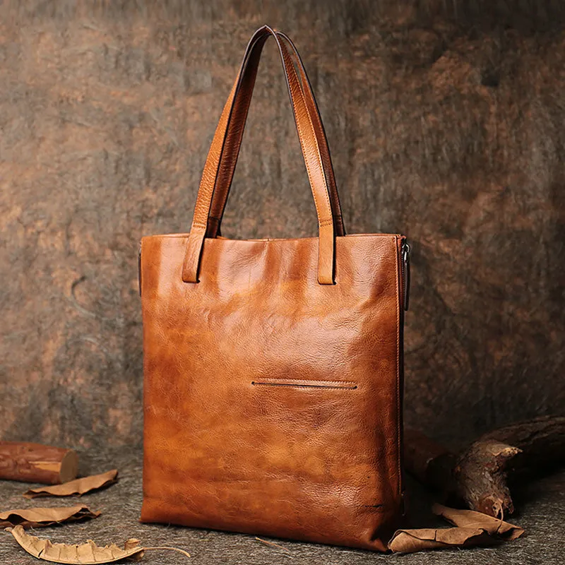 Best Brown Leather Womens Vertical Totes Handbag Handmade Vintage Tote Shoulder Purse for Ladies