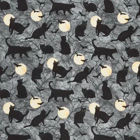 Black Cat Capers - Cats Chasing Moon Dark Gray Yardage