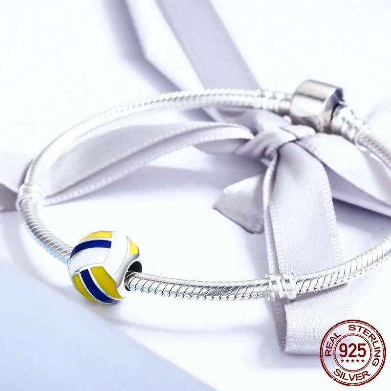 Blue, White & Yellow Enamel Volleyball Charm 925 Sterling Silver