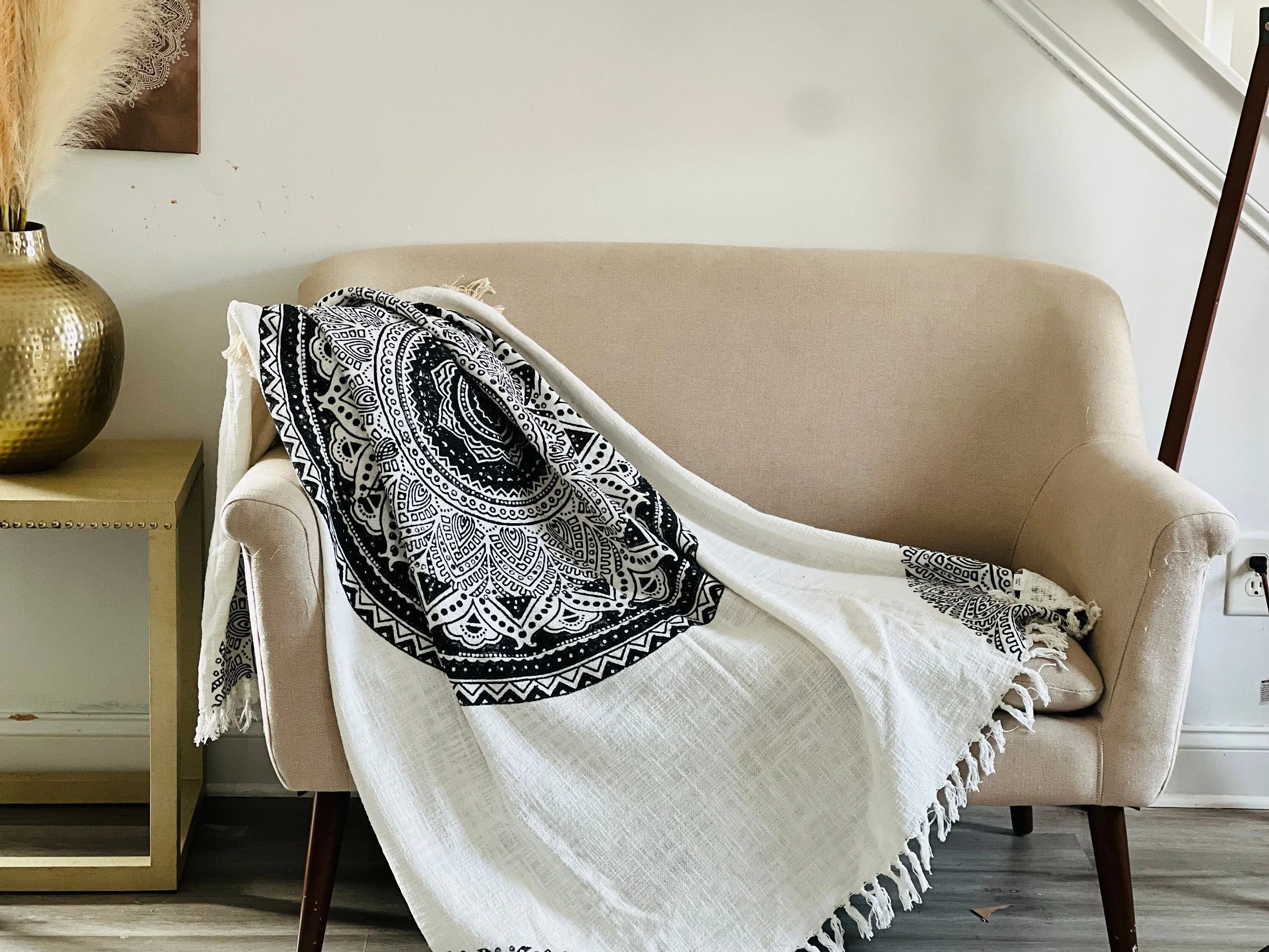 Boho Mandala Blanket, Boho Tapestry, Black and White Mandala Print,  Boho Blanket for Bed,  Woven Wall Decor