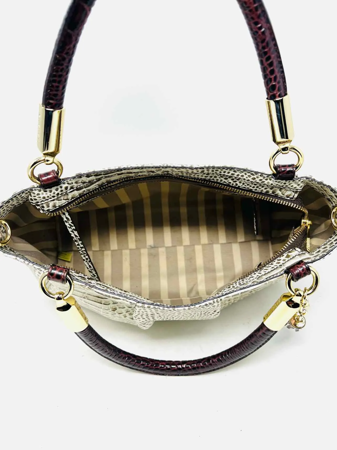 Brahmin Cream/Taupe Reptile Pleated AS IS Designer Satchel