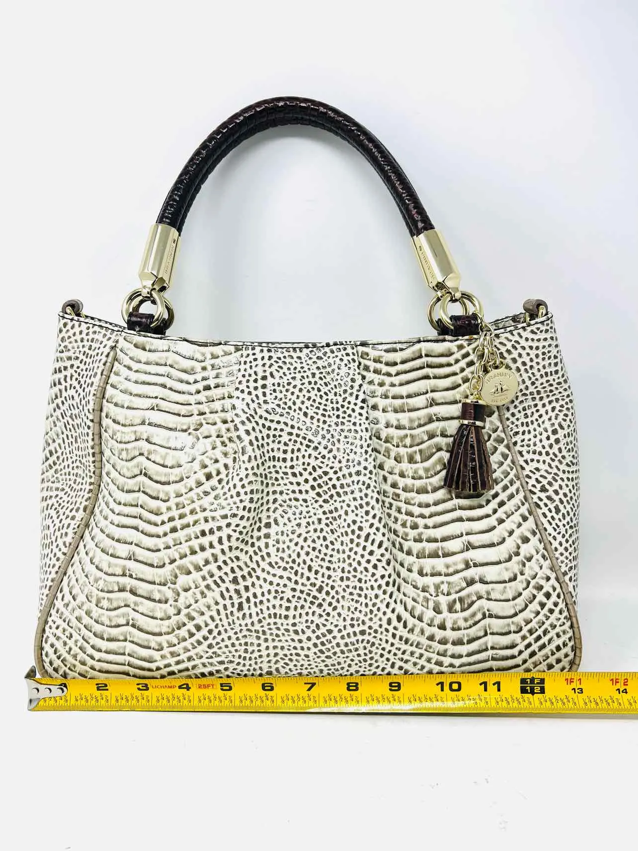 Brahmin Cream/Taupe Reptile Pleated AS IS Designer Satchel