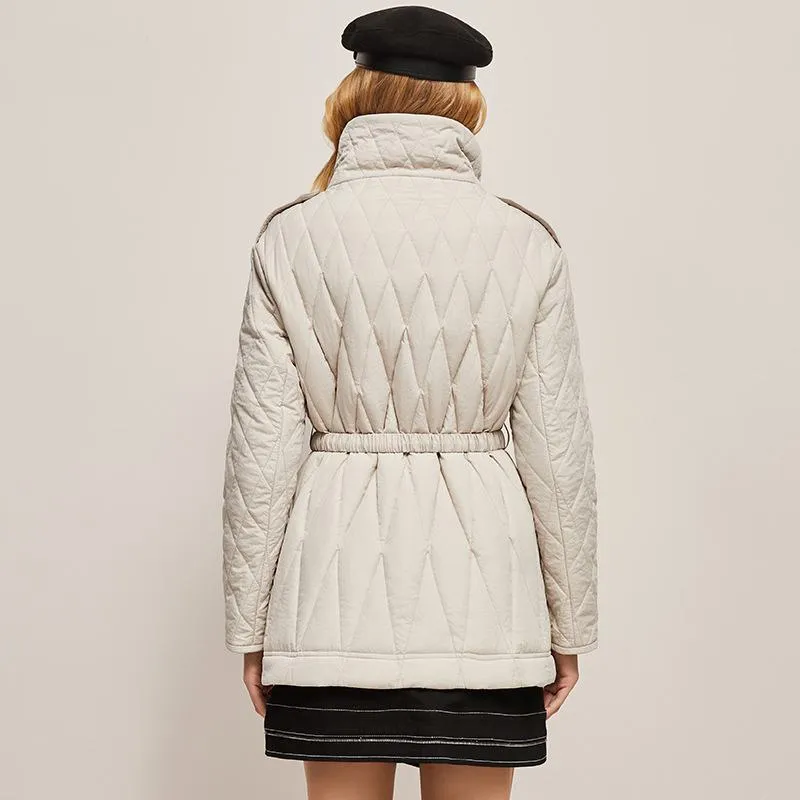 Diamond Quilted Thigh-Length Puffer Jacket