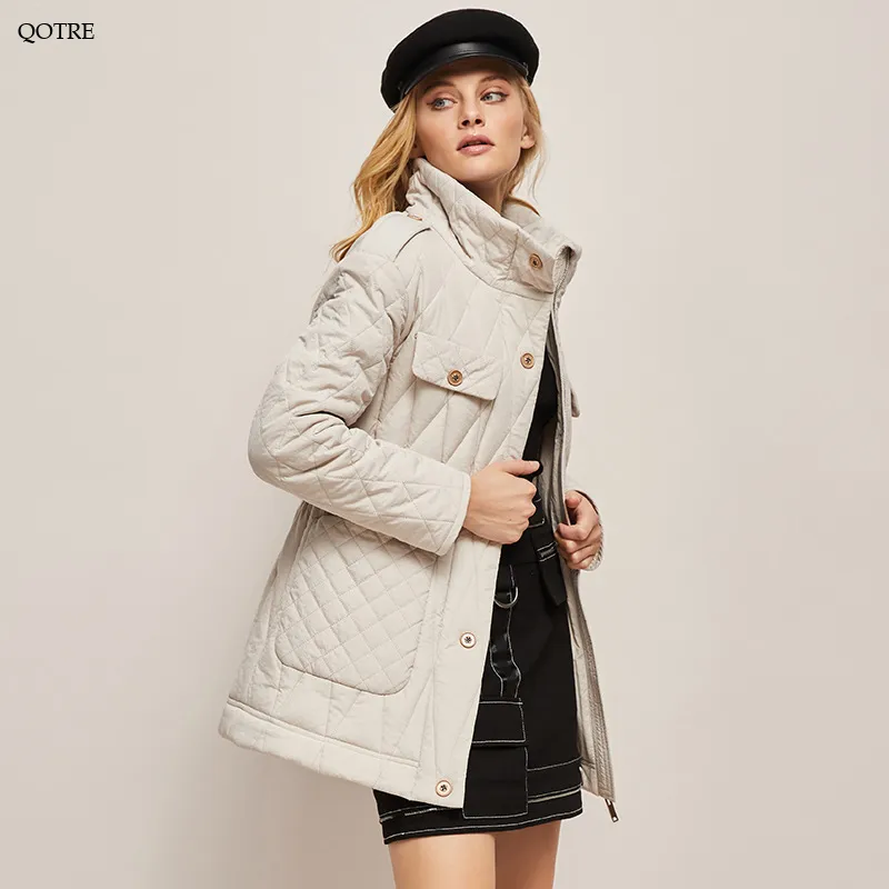 Diamond Quilted Thigh-Length Puffer Jacket