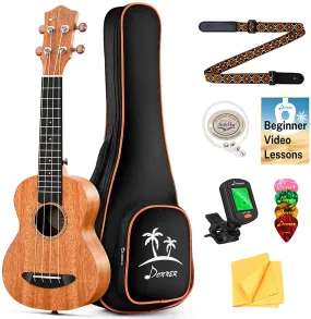 Donner Soprano Ukulele Beginner Kit Mahogany Professional 21 Inch Ukelele Online Lesson Gig Bag Strap Nylon String Tuner Picks Cloth DUS-1 Ukalalee Set