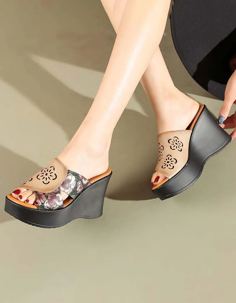 Ethnic Style Printed Leather Fish-Toe Wedge Slippers