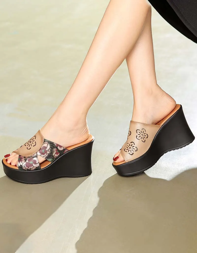 Ethnic Style Printed Leather Fish-Toe Wedge Slippers