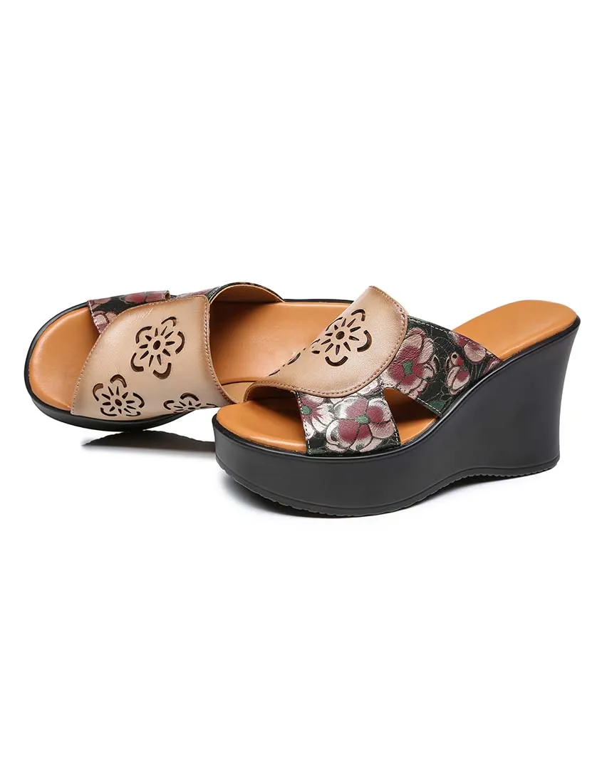 Ethnic Style Printed Leather Fish-Toe Wedge Slippers