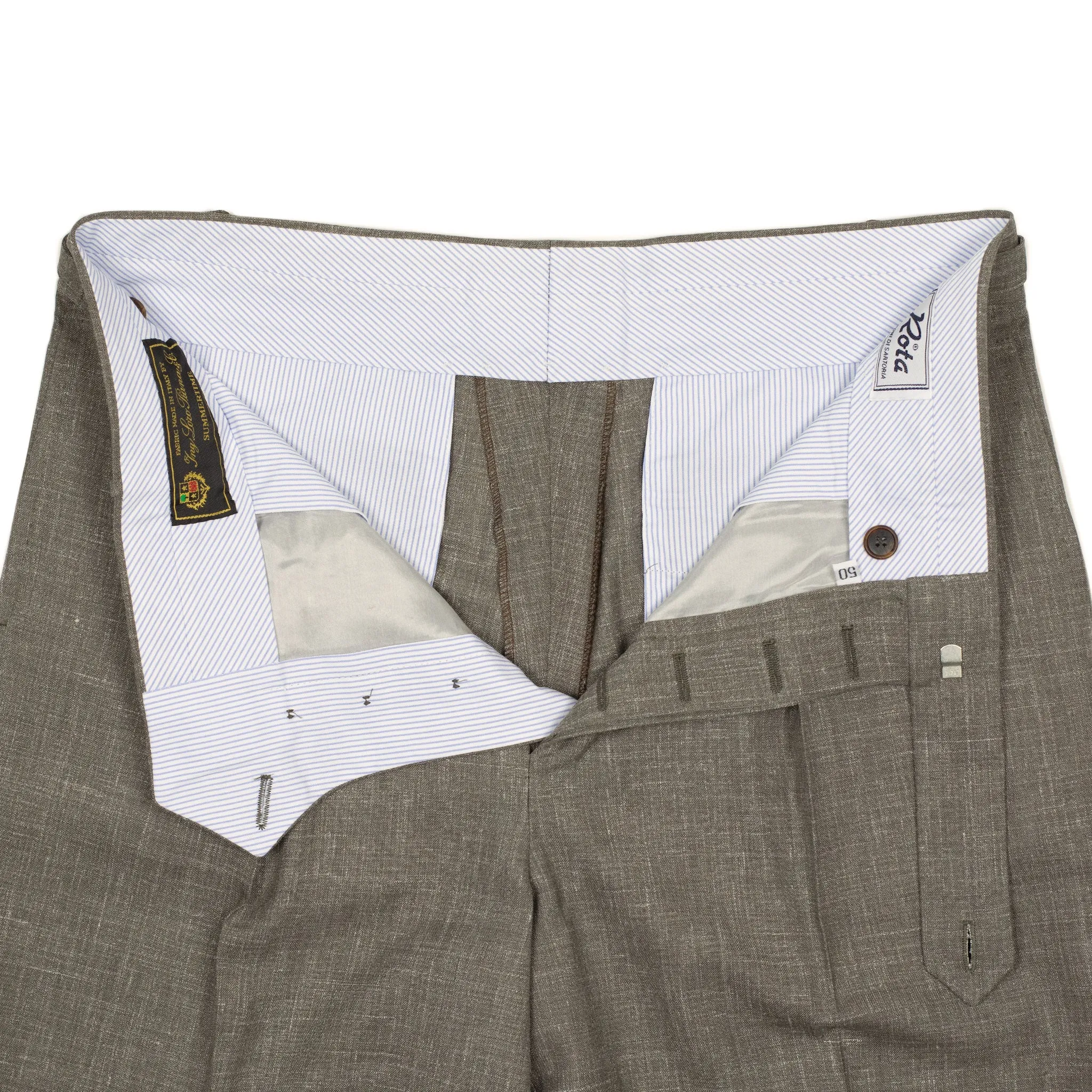 Exclusive Westside pleated high-rise wide leg trousers in taupe Loro Piana wool/silk/linen