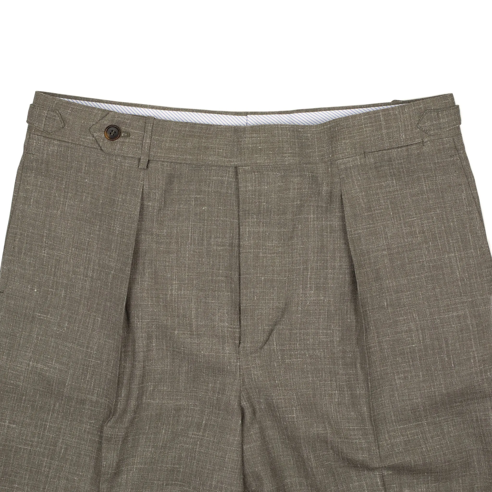 Exclusive Westside pleated high-rise wide leg trousers in taupe Loro Piana wool/silk/linen