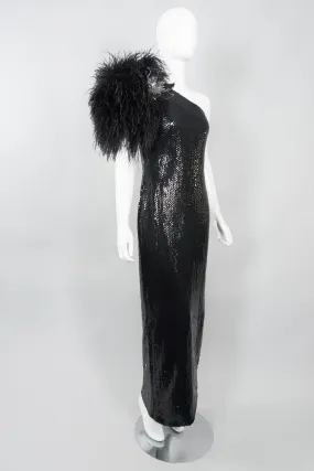 Feather One-Shoulder Sequin Gown