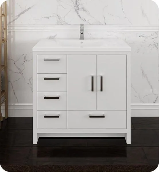 Fresca Imperia 36 Glossy White Free Standing Modern Bathroom Cabinet w/ Integrated Sink - Left Version | FCB9436WH-L-I