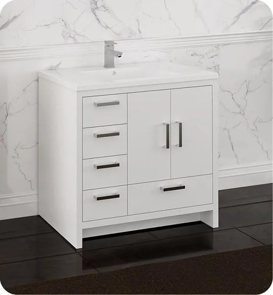 Fresca Imperia 36 Glossy White Free Standing Modern Bathroom Cabinet w/ Integrated Sink - Left Version | FCB9436WH-L-I