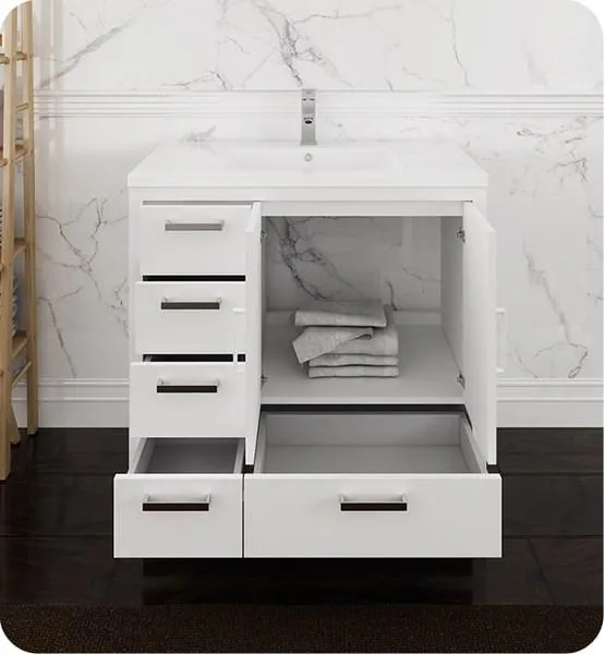 Fresca Imperia 36 Glossy White Free Standing Modern Bathroom Cabinet w/ Integrated Sink - Left Version | FCB9436WH-L-I