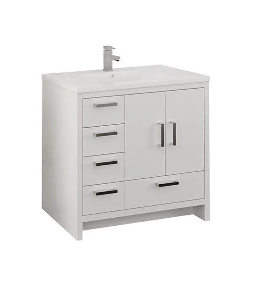 Fresca Imperia 36 Glossy White Free Standing Modern Bathroom Cabinet w/ Integrated Sink - Left Version | FCB9436WH-L-I