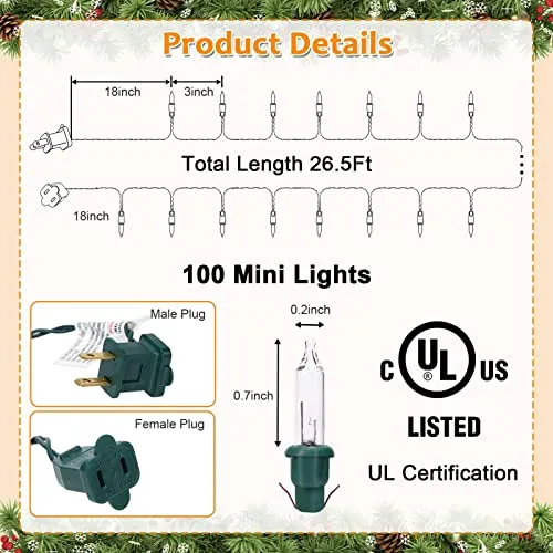 GARVEE 400 Counts 106Ft Christmas Lights, 4 Sets of 100 Mini Lights 26.5 Feet String Lights with Replace Fuse and Bulb, Waterproof Connectable, Indoor Outdoor Christmas Decoration, Warm White