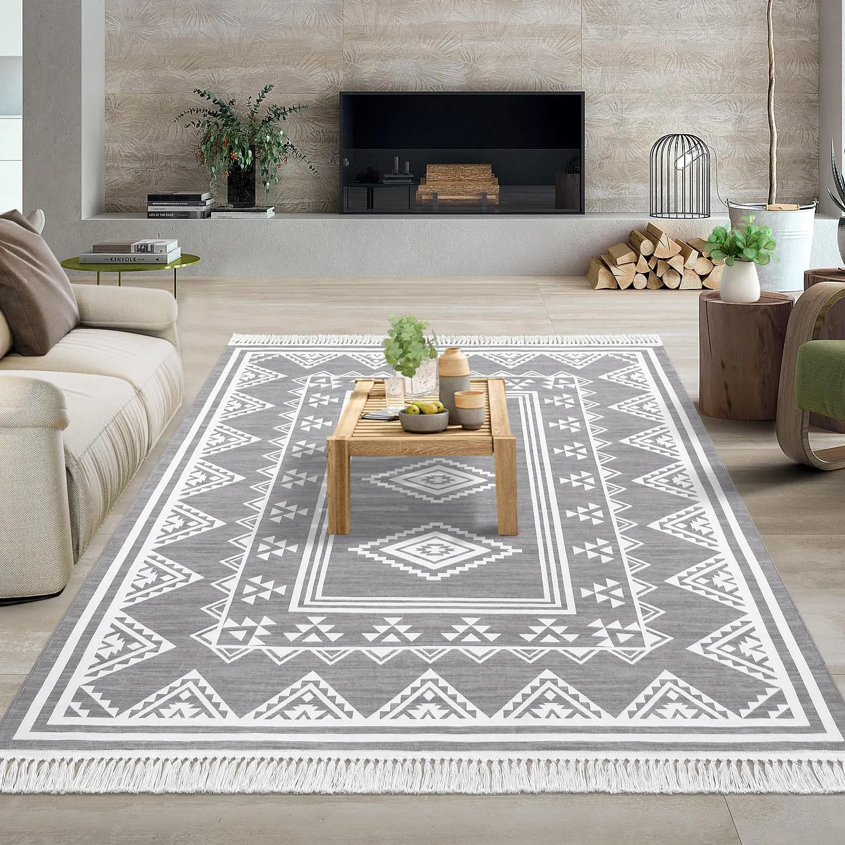 GARVEE Bedroom Rug 4x6 Washable Tassel Boho Area Rug Indoor Non-Slip Stain Resistant Floor Cover Farmhouse Accent Rug Moroccan Bordered Tribal Carpet Rug for Living Room Kitchen Nursery, Grey