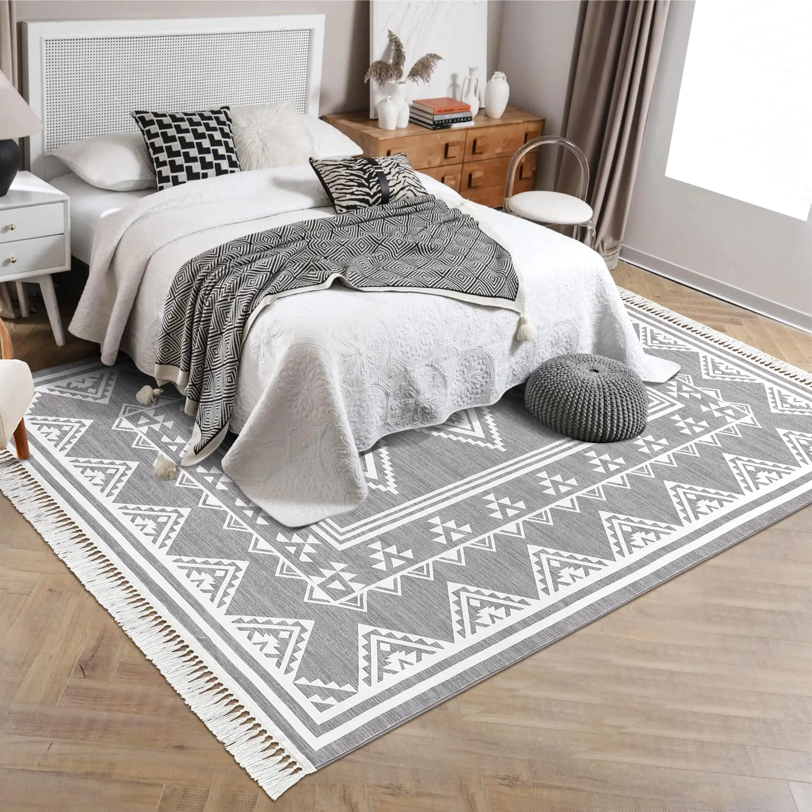 GARVEE Bedroom Rug 4x6 Washable Tassel Boho Area Rug Indoor Non-Slip Stain Resistant Floor Cover Farmhouse Accent Rug Moroccan Bordered Tribal Carpet Rug for Living Room Kitchen Nursery, Grey