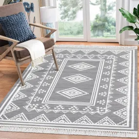 GARVEE Bedroom Rug 4x6 Washable Tassel Boho Area Rug Indoor Non-Slip Stain Resistant Floor Cover Farmhouse Accent Rug Moroccan Bordered Tribal Carpet Rug for Living Room Kitchen Nursery, Grey