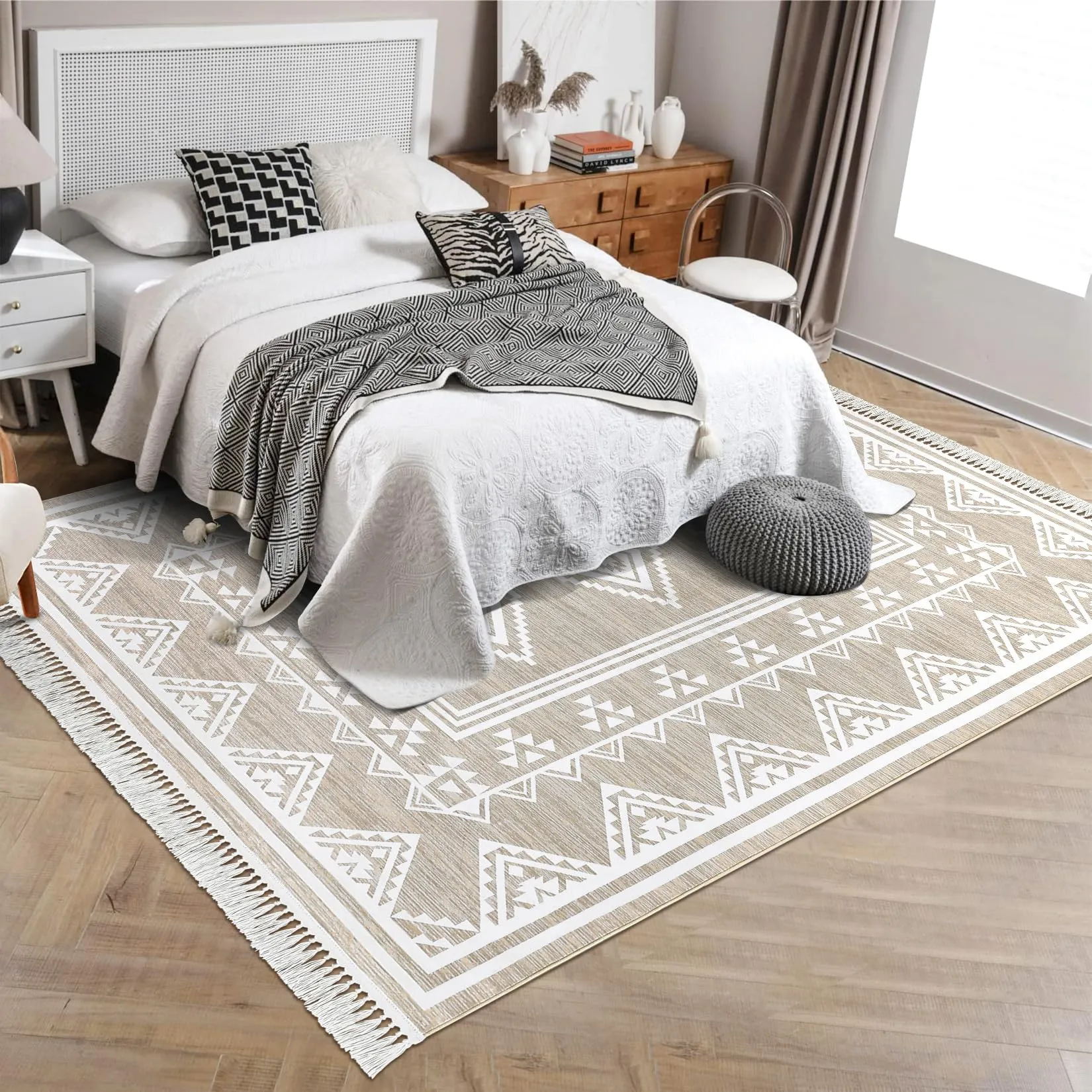 GARVEE Bedroom Rug 4x6 Washable Tassel Boho Area Rug Indoor Non-Slip Stain Resistant Floor Cover Farmhouse Accent Rug Moroccan Bordered Tribal Carpet Rug for Living Room Kitchen Nursery, Taupe