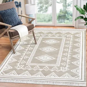 GARVEE Bedroom Rug 4x6 Washable Tassel Boho Area Rug Indoor Non-Slip Stain Resistant Floor Cover Farmhouse Accent Rug Moroccan Bordered Tribal Carpet Rug for Living Room Kitchen Nursery, Taupe