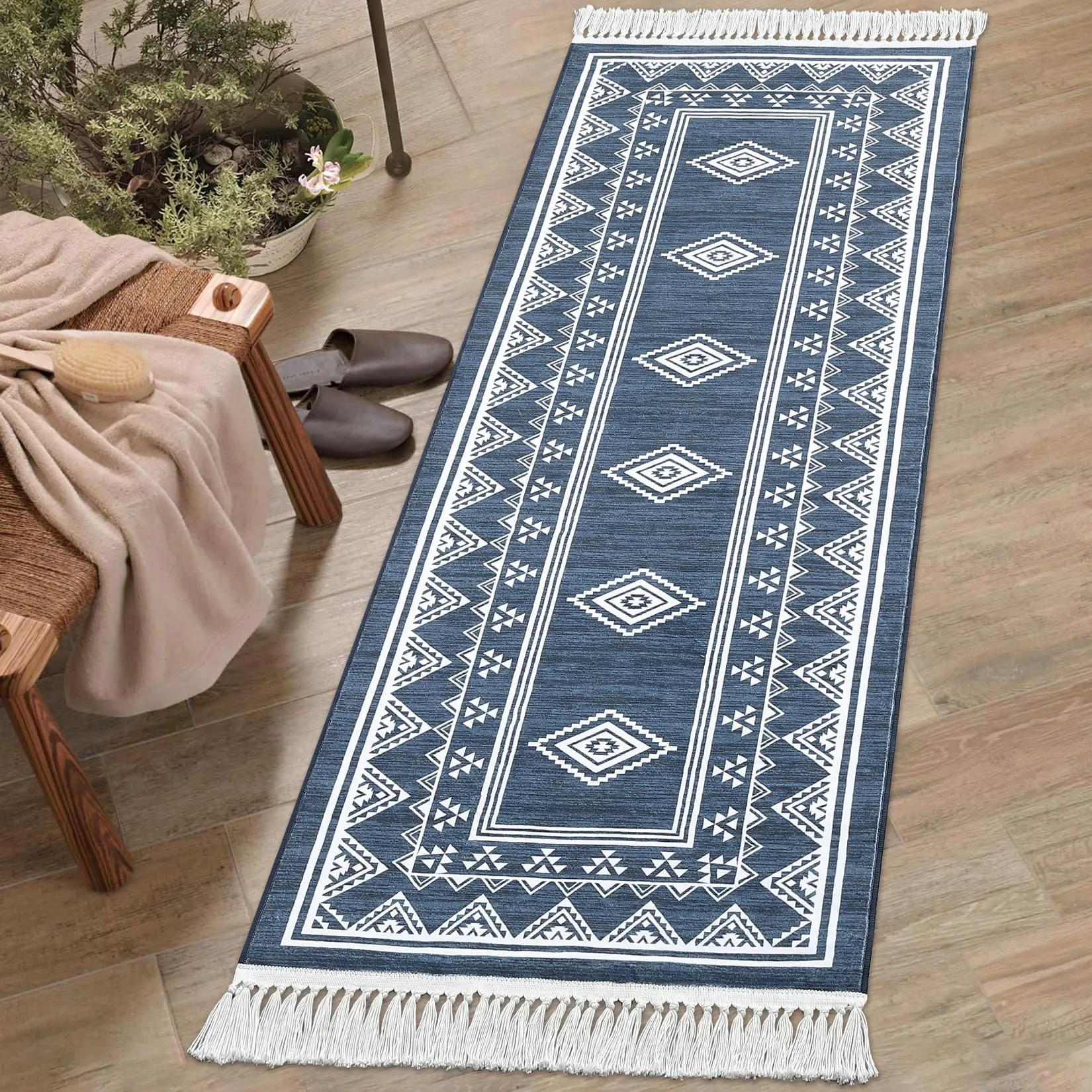 GARVEE Boho Runner Rug 2x6 Washable Hallway Runner Rug with Tassel Non-Slip Stain Resistant Farmhouse Entryway Rug Moroccan Bordered Floor Cover Carpet for Living Room Bedroom Kitchen Laundry, Blue