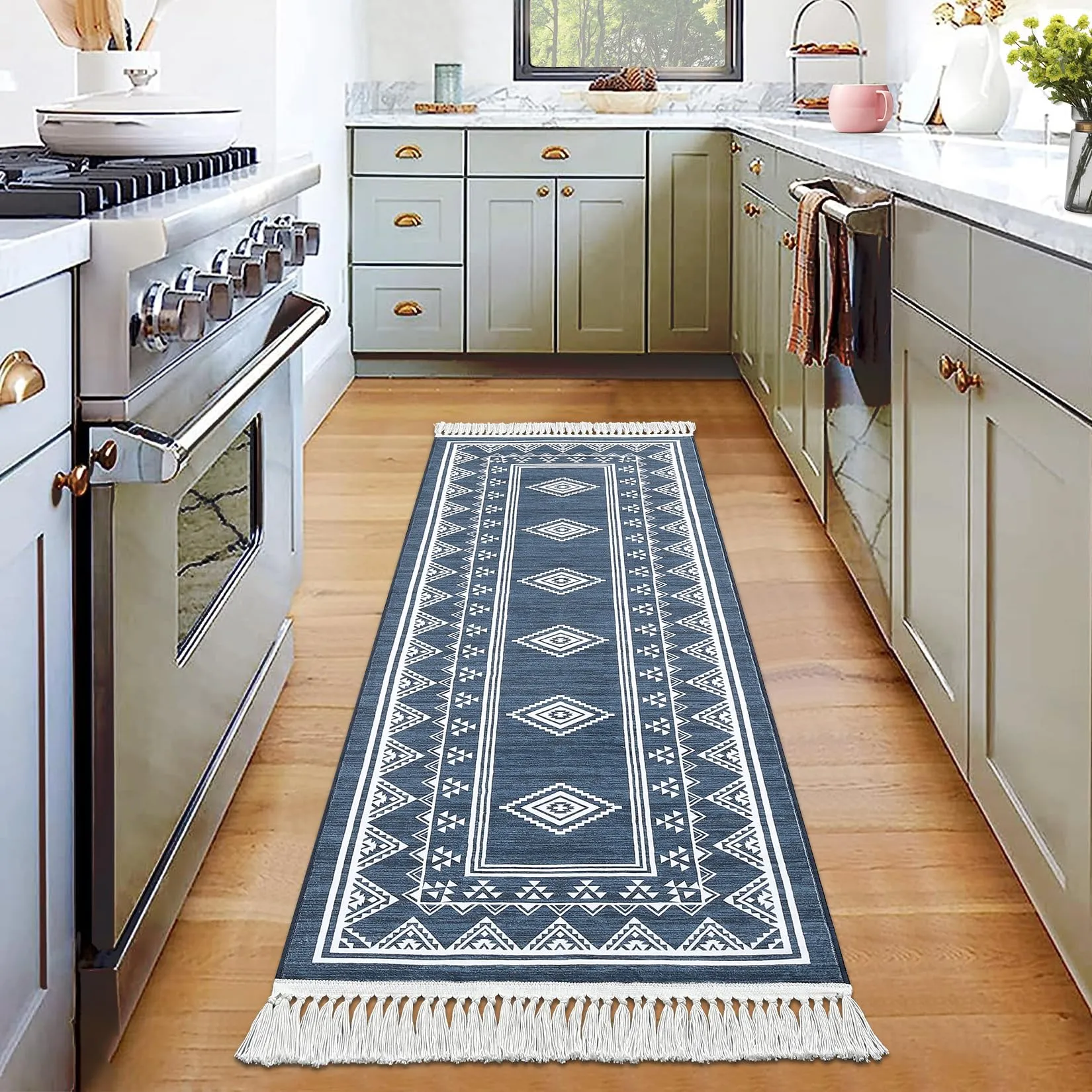 GARVEE Boho Runner Rug 2x6 Washable Hallway Runner Rug with Tassel Non-Slip Stain Resistant Farmhouse Entryway Rug Moroccan Bordered Floor Cover Carpet for Living Room Bedroom Kitchen Laundry, Blue