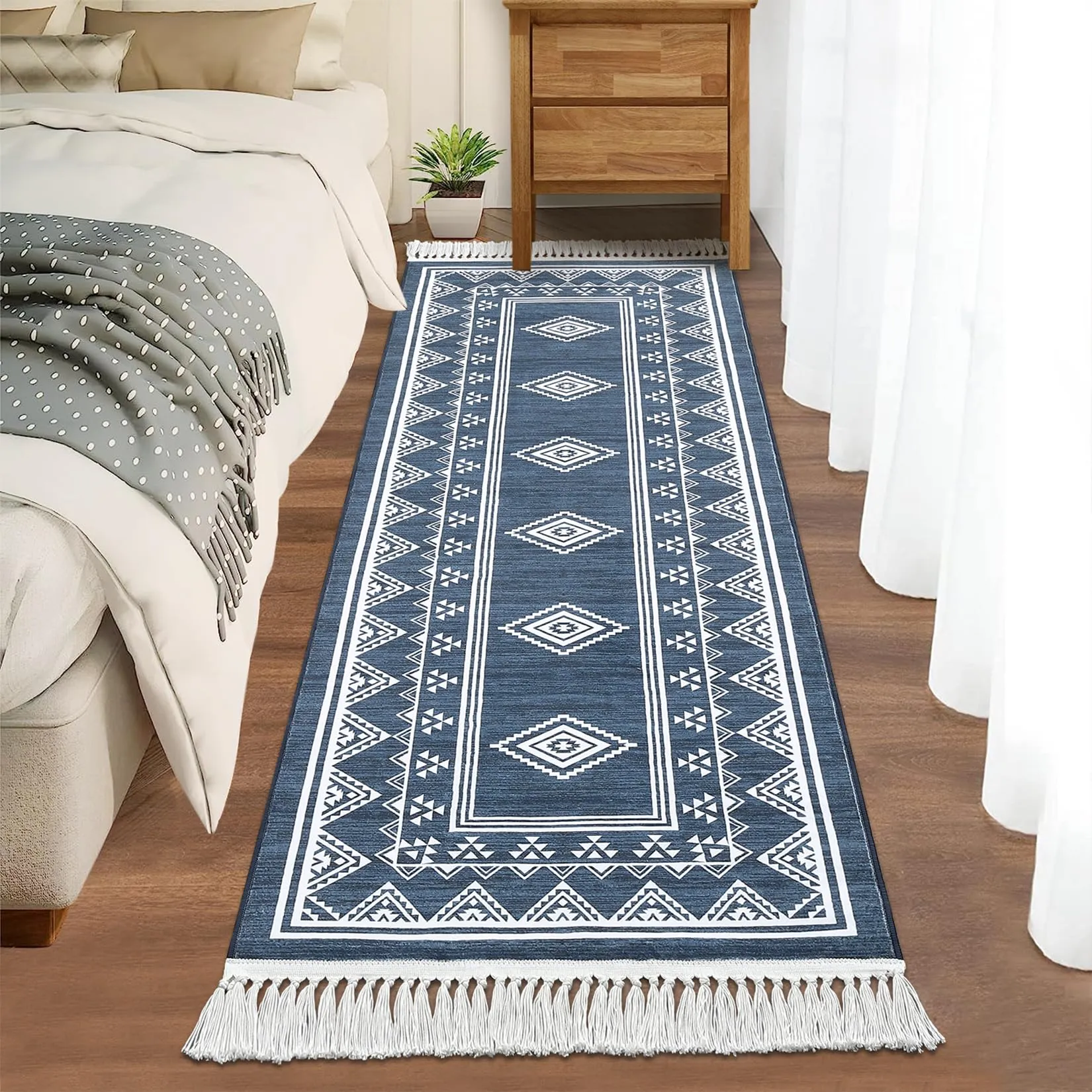 GARVEE Boho Runner Rug 2x6 Washable Hallway Runner Rug with Tassel Non-Slip Stain Resistant Farmhouse Entryway Rug Moroccan Bordered Floor Cover Carpet for Living Room Bedroom Kitchen Laundry, Blue