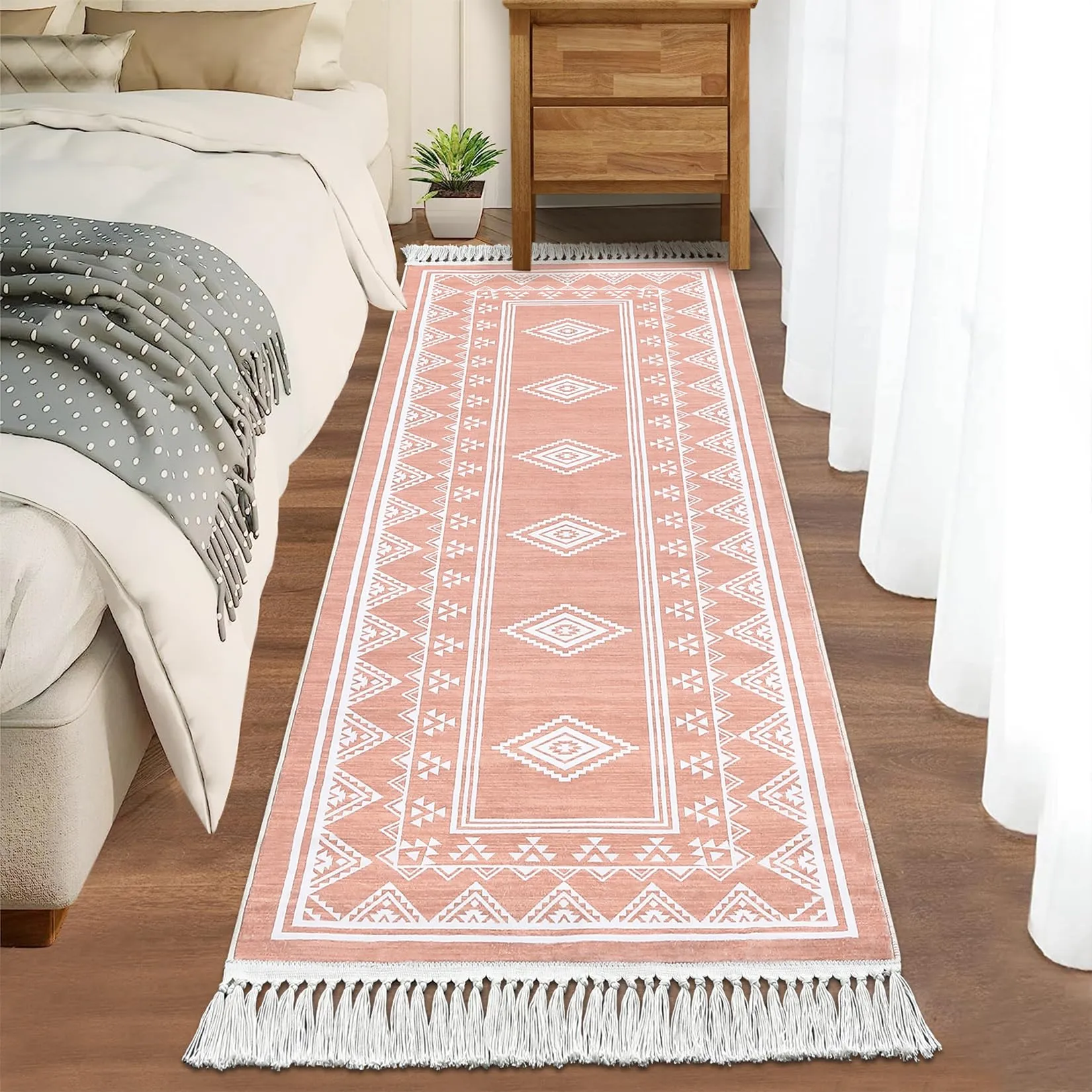 GARVEE Boho Runner Rug 2x6 Washable Hallway Runner Rug with Tassel Non-Slip Stain Resistant Farmhouse Entryway Rug Moroccan Bordered Floor Cover Carpet for Living Room Bedroom Kitchen Laundry, Pink