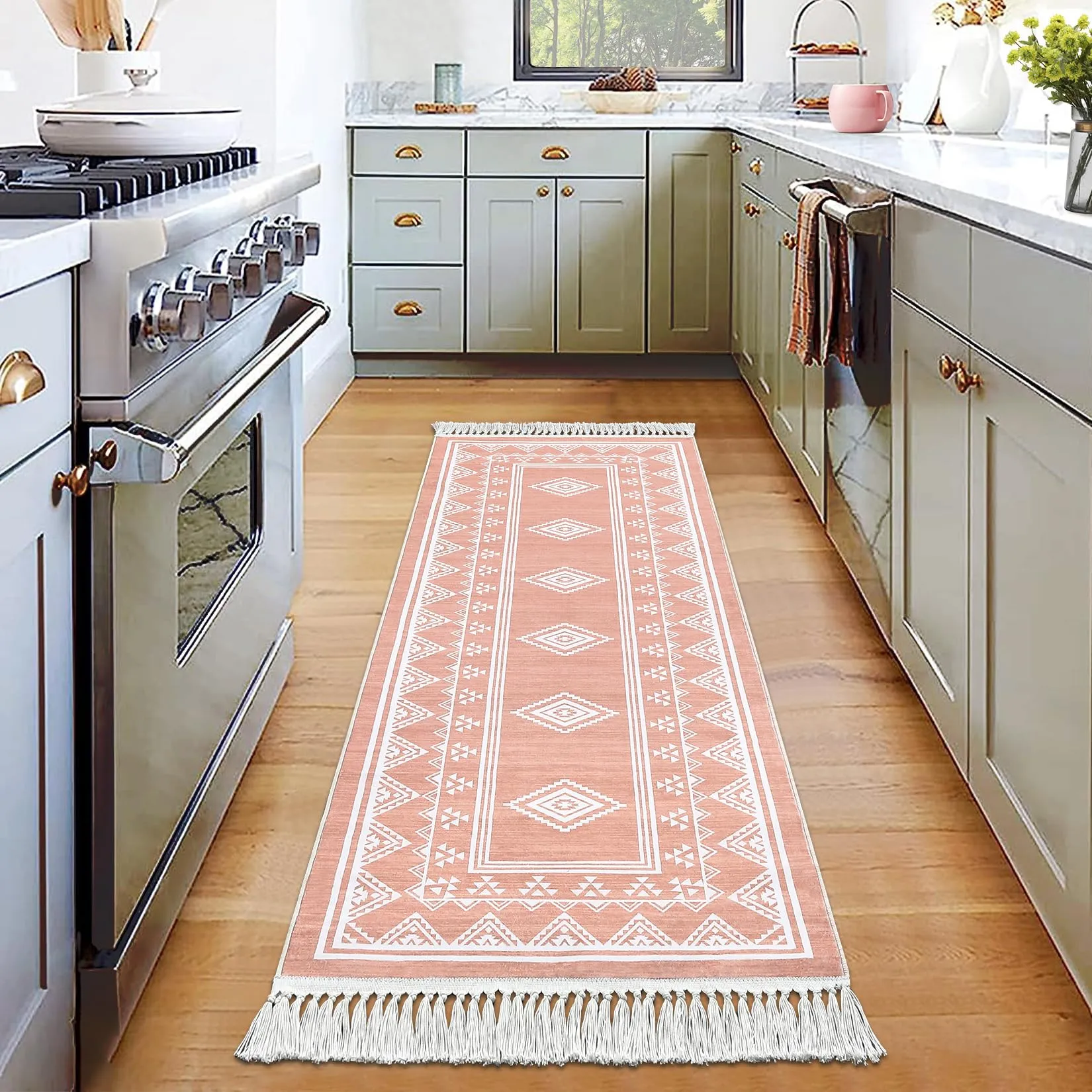 GARVEE Boho Runner Rug 2x6 Washable Hallway Runner Rug with Tassel Non-Slip Stain Resistant Farmhouse Entryway Rug Moroccan Bordered Floor Cover Carpet for Living Room Bedroom Kitchen Laundry, Pink