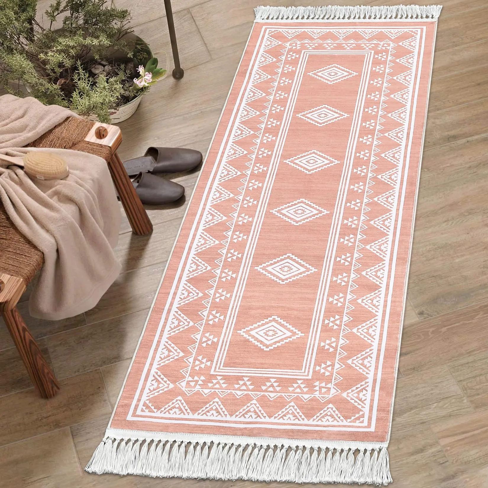 GARVEE Boho Runner Rug 2x6 Washable Hallway Runner Rug with Tassel Non-Slip Stain Resistant Farmhouse Entryway Rug Moroccan Bordered Floor Cover Carpet for Living Room Bedroom Kitchen Laundry, Pink