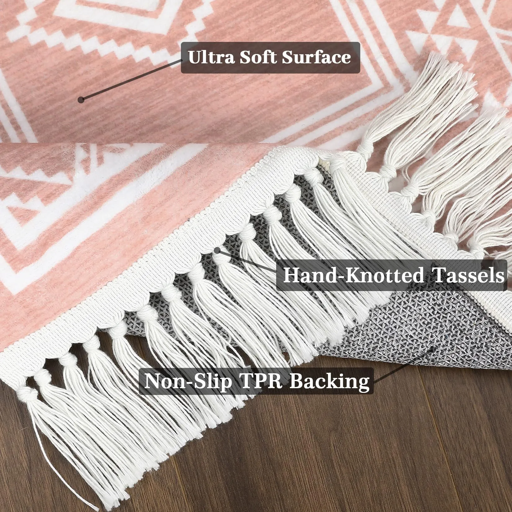 GARVEE Boho Runner Rug 2x6 Washable Hallway Runner Rug with Tassel Non-Slip Stain Resistant Farmhouse Entryway Rug Moroccan Bordered Floor Cover Carpet for Living Room Bedroom Kitchen Laundry, Pink