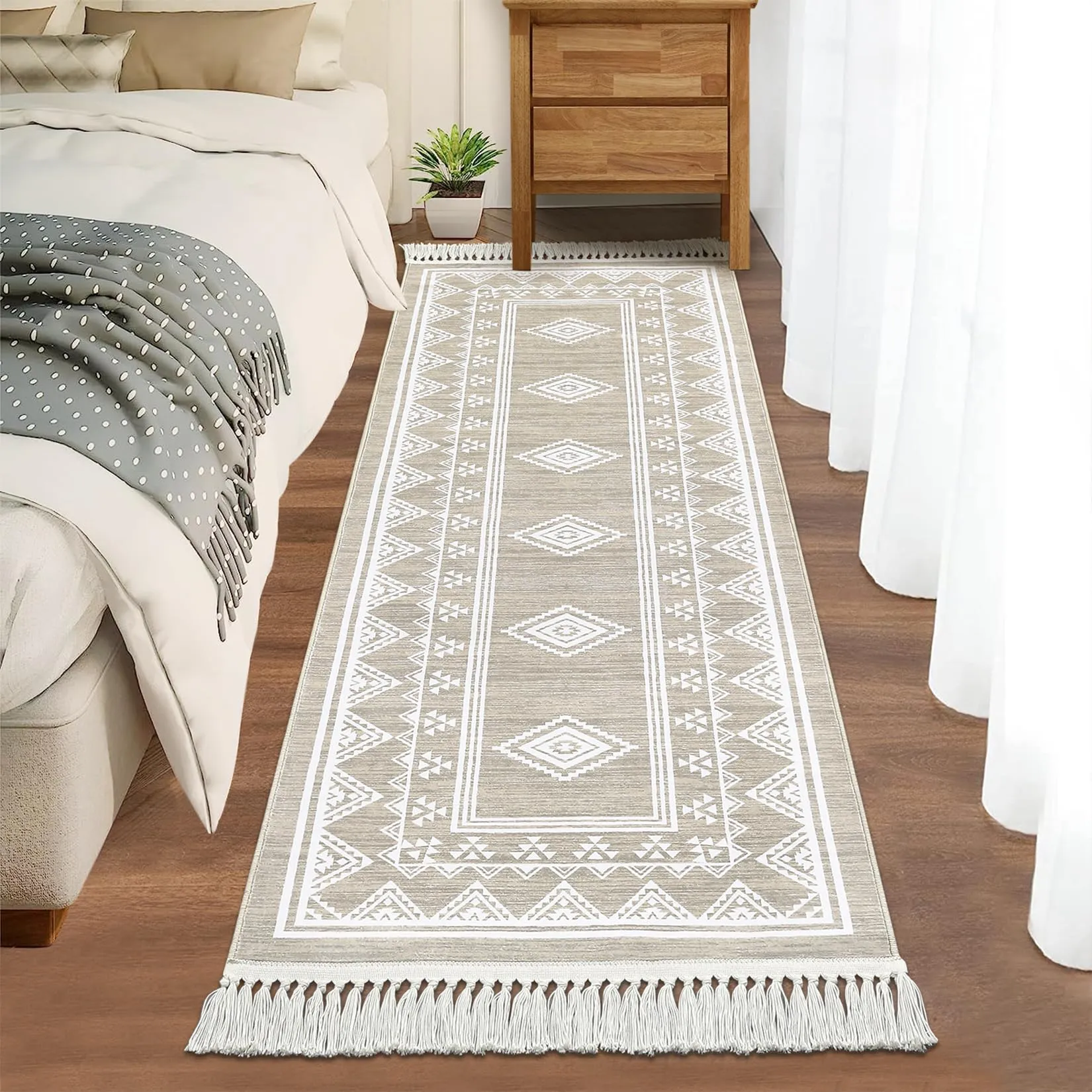 GARVEE Boho Runner Rug 2x6 Washable Hallway Runner Rug with Tassel Non-Slip Stain Resistant Farmhouse Entryway Rug Moroccan Bordered Floor Cover Carpet for Living Room Bedroom Kitchen Laundry, Taupe