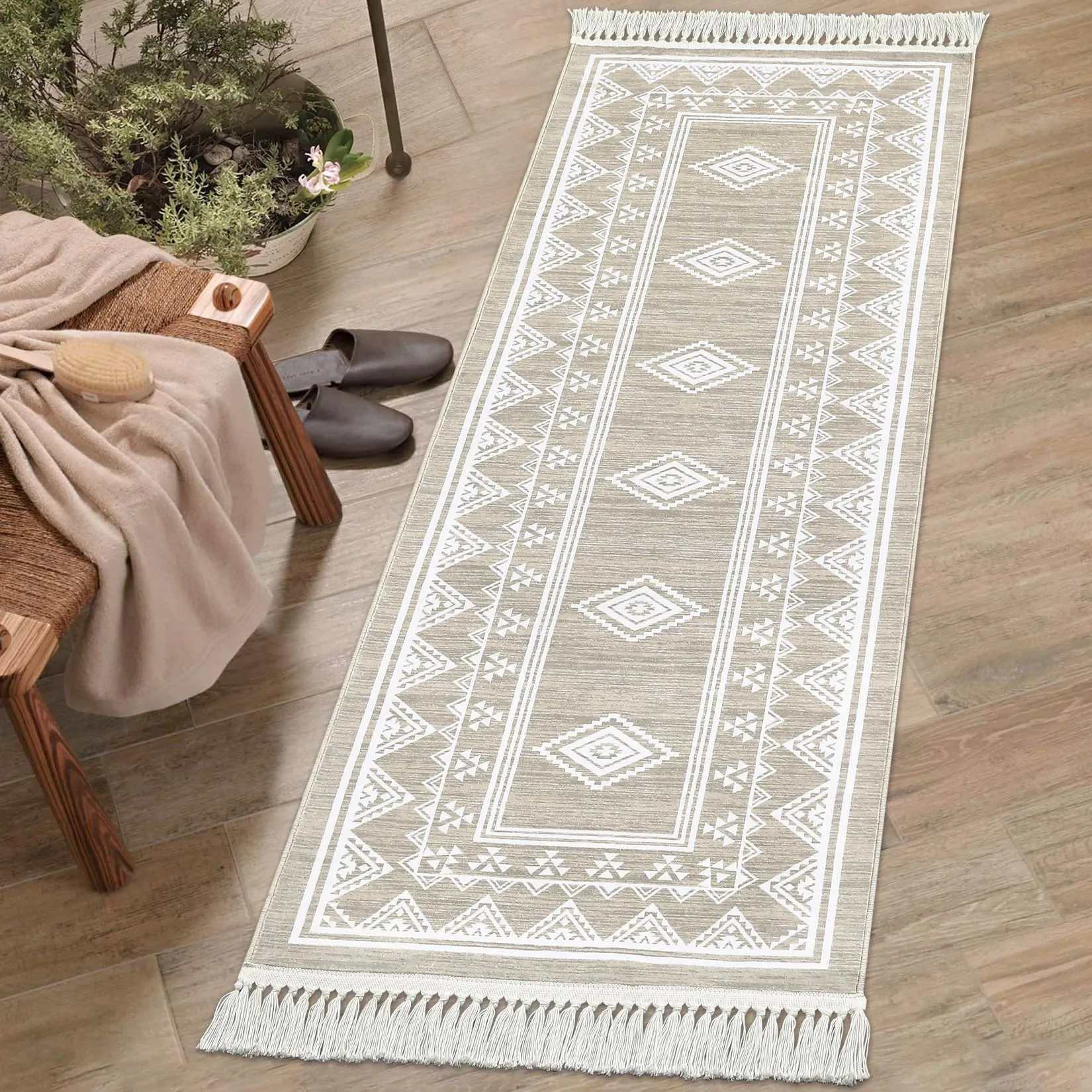 GARVEE Boho Runner Rug 2x6 Washable Hallway Runner Rug with Tassel Non-Slip Stain Resistant Farmhouse Entryway Rug Moroccan Bordered Floor Cover Carpet for Living Room Bedroom Kitchen Laundry, Taupe