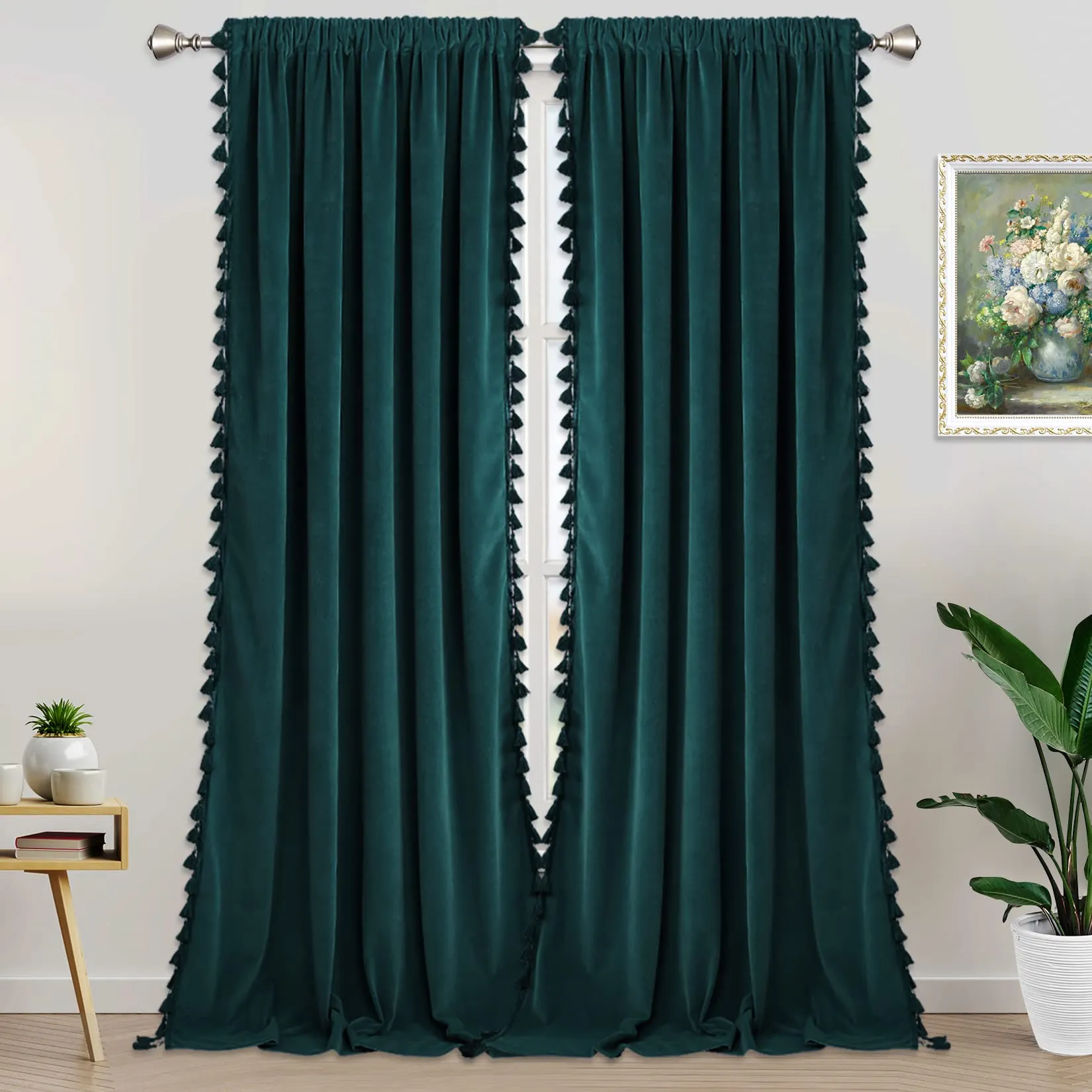 GARVEE Christmas Curtains for Living Room Tassel Curtains Christmas Velvet Curtains for Bedroom 96 Inch Long Winter Holiday Window Curtains Rod Pocket Curtains (Burgundy, 42×96)