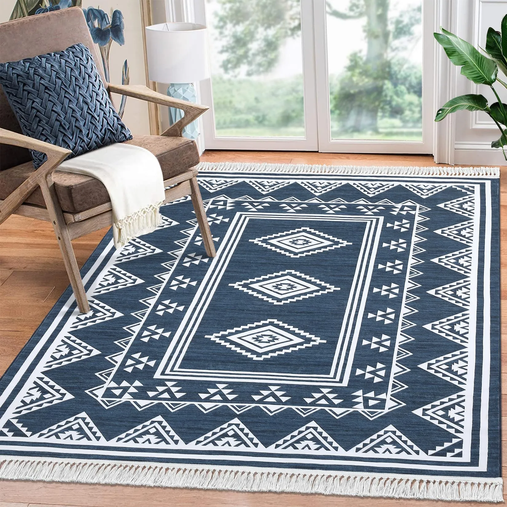 GARVEE Large Living Room Rug 8x10 Washable Boho Accent Area Rug with Tassel Moroccan Bordered Non-Slip Stain Resistant Floor Cover Farmhouse Geometric Tribal Carpet for Bedroom Nursery, Blue