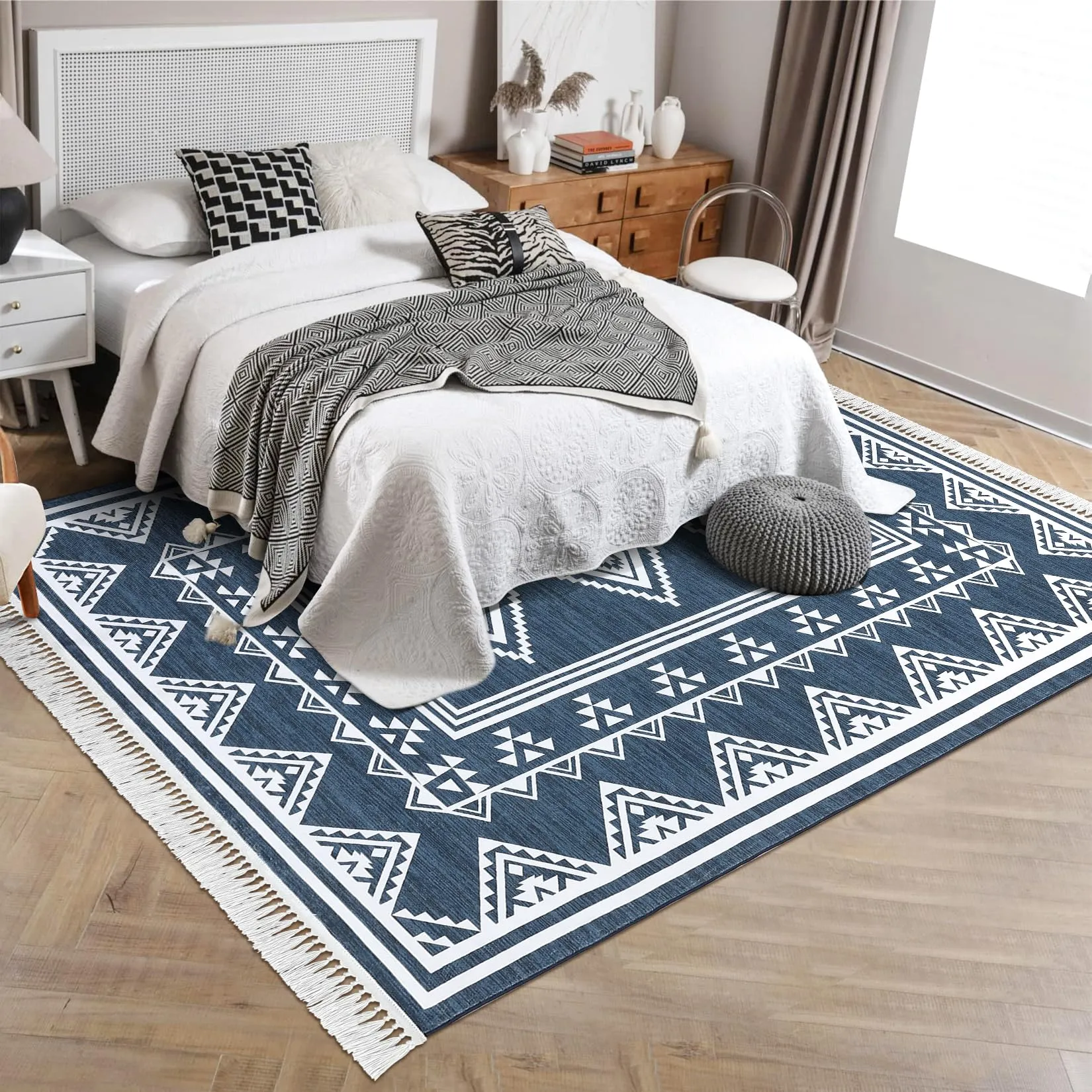 GARVEE Large Living Room Rug 8x10 Washable Boho Accent Area Rug with Tassel Moroccan Bordered Non-Slip Stain Resistant Floor Cover Farmhouse Geometric Tribal Carpet for Bedroom Nursery, Blue