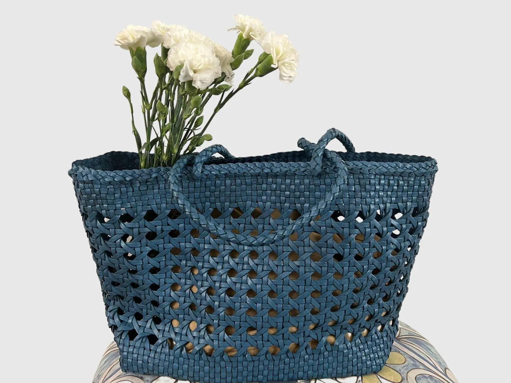 Genuine Leather Hand Woven Cuboid Shaped Ladies Tote Bag | Open Rattan Woven Triple Jump Bamboo Ladies Hobo Holiday Bag, Weekend Basket Bag