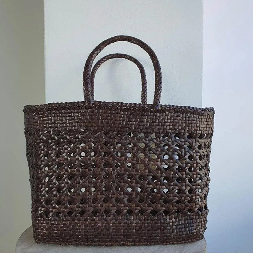 Genuine Leather Hand Woven Cuboid Shaped Ladies Tote Bag | Open Rattan Woven Triple Jump Bamboo Ladies Hobo Holiday Bag, Weekend Basket Bag