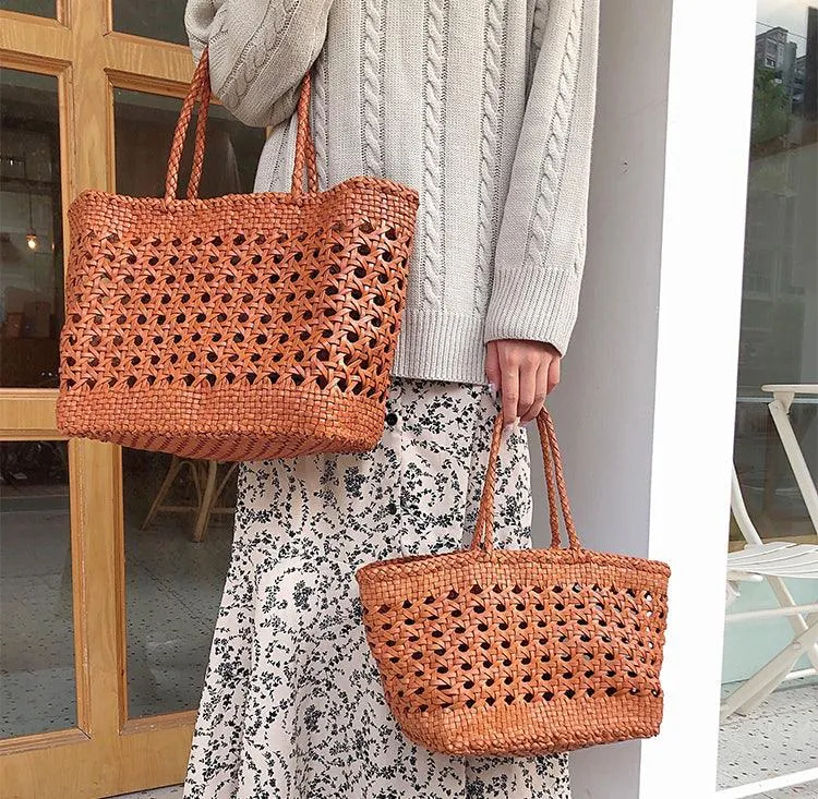 Genuine Leather Hand Woven Cuboid Shaped Ladies Tote Bag | Open Rattan Woven Triple Jump Bamboo Ladies Hobo Holiday Bag, Weekend Basket Bag