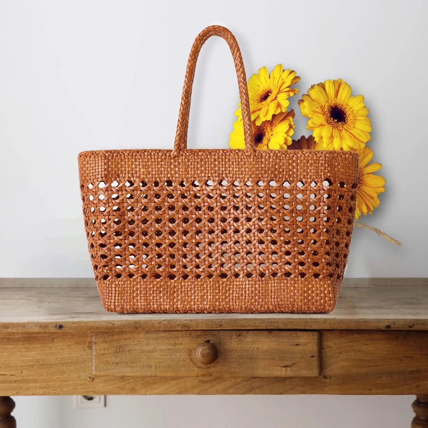 Genuine Leather Hand Woven Cuboid Shaped Ladies Tote Bag | Open Rattan Woven Triple Jump Bamboo Ladies Hobo Holiday Bag, Weekend Basket Bag