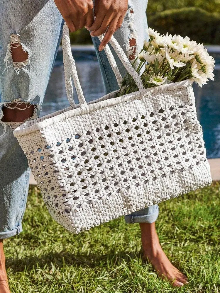 Genuine Leather Hand Woven Cuboid Shaped Ladies Tote Bag | Open Rattan Woven Triple Jump Bamboo Ladies Hobo Holiday Bag, Weekend Basket Bag