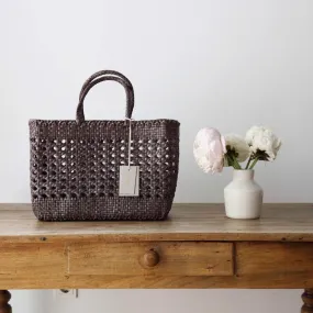 Genuine Leather Hand Woven Cuboid Shaped Ladies Tote Bag | Open Rattan Woven Triple Jump Bamboo Ladies Hobo Holiday Bag, Weekend Basket Bag